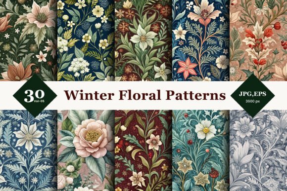 Winter Floral Seamless Patterns 05: A Fresh Blend of Seasonal Elegance for Creative Projects